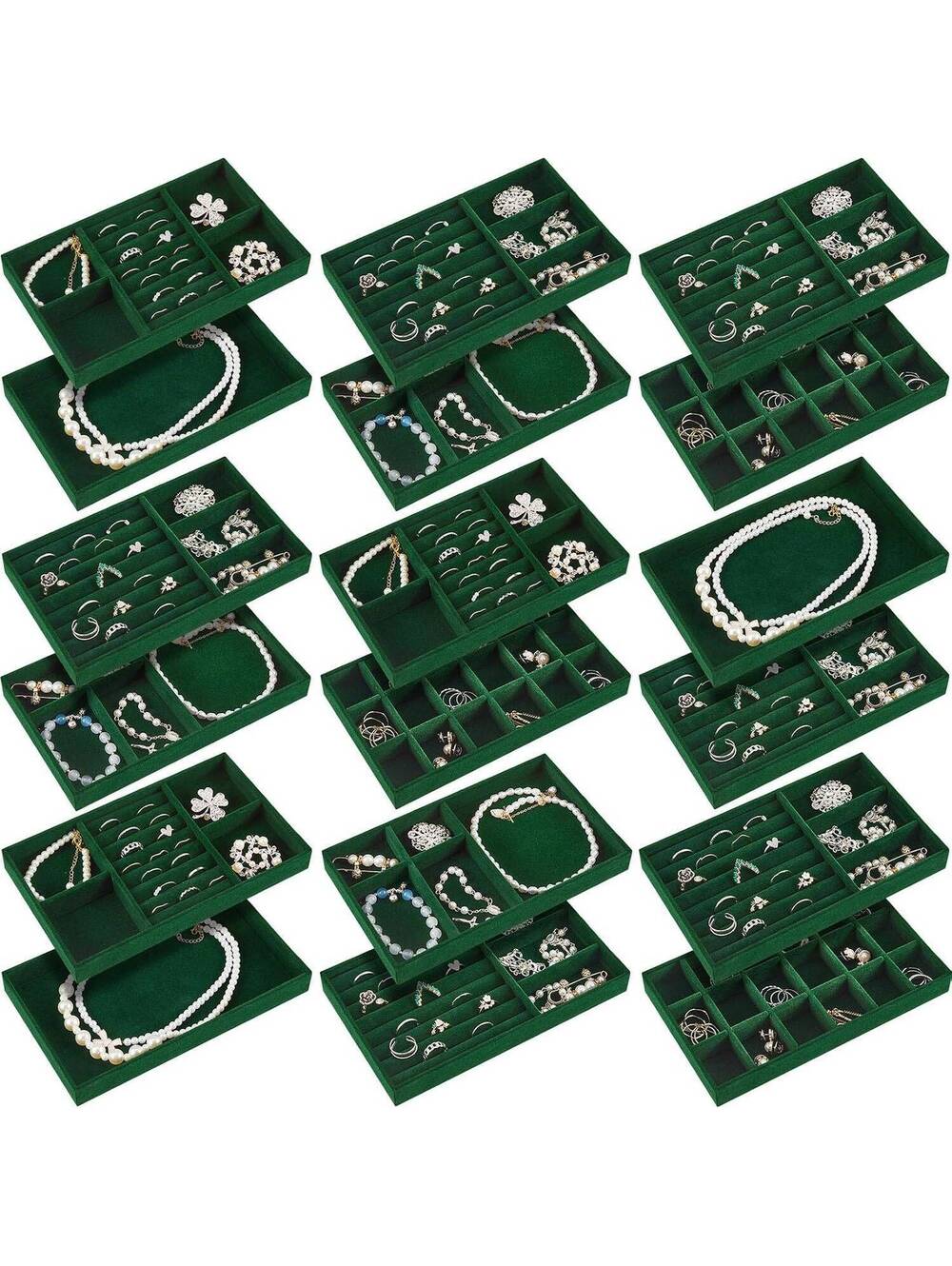 Junkin 18-Piece Stackable Jewelry Tray Organizer Set in Dark Green Velvet – 6-Do